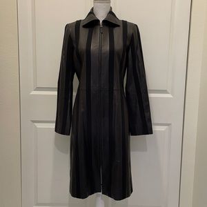 Lafayette 148 Black Leather Long Sleeve Dress with Vertical Stripes